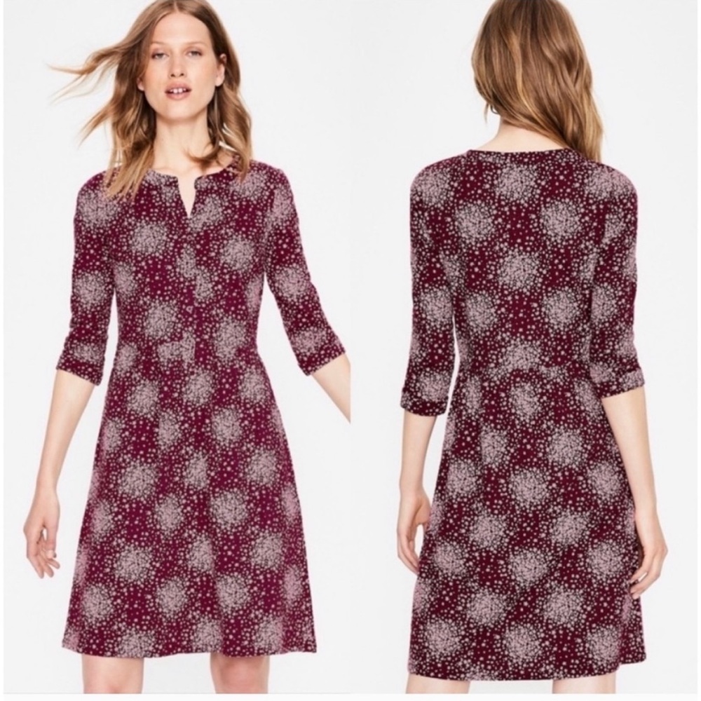 Boden Briar Jersey Dress Mulled Wine Flower Burst Burgundy Size 6 Knee Length